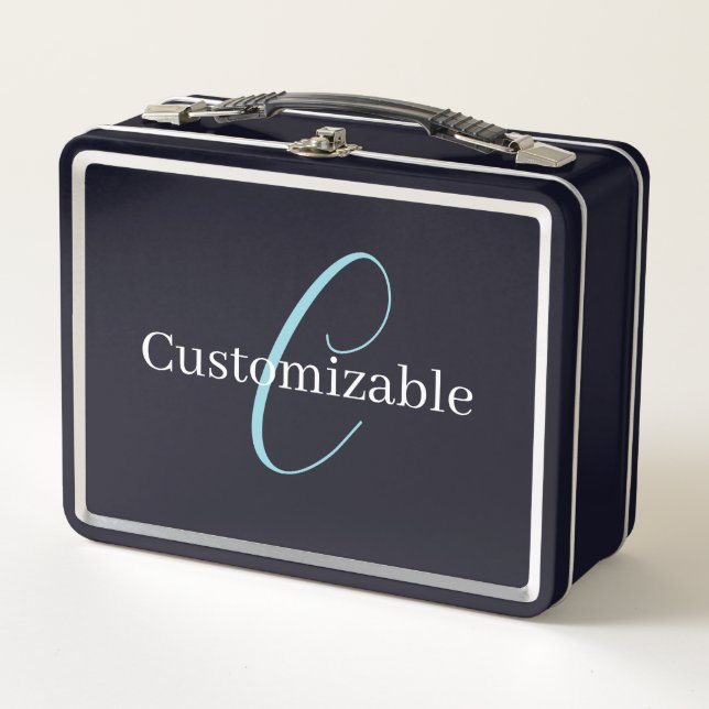 Edierbare kursive Schriftmonogramm Schwarz Blau We Metall Brotdose (Vorderseite)