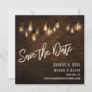 Edison-Leuchten & Industrielle braune Backsteinwan Save The Date
