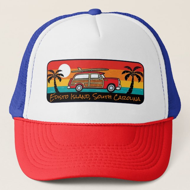 Edisto Island, SC Surf Woody Trucker Hat Truckerkappe (Vorderseite)