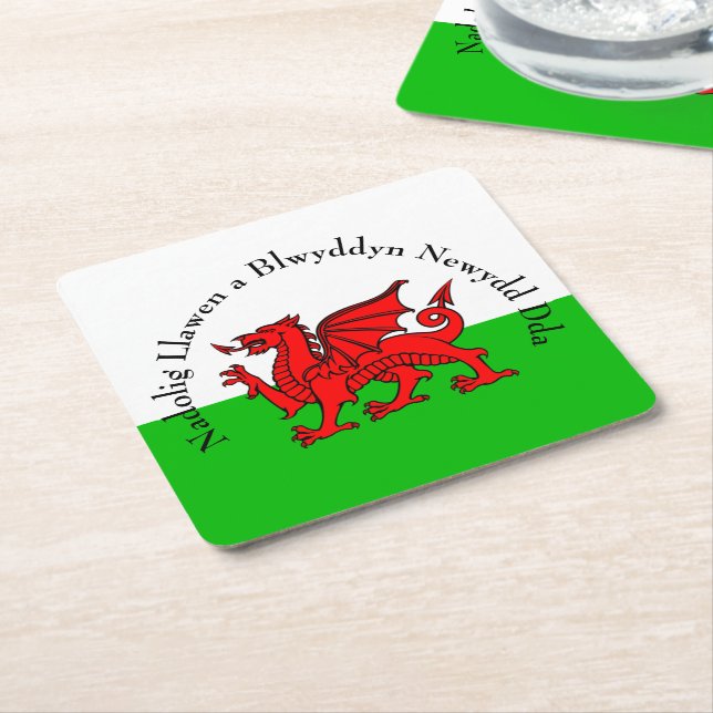 Edit Text Welsh Flag Red Dragon Weihnachten Rechteckiger Pappuntersetzer (angewinkelt)