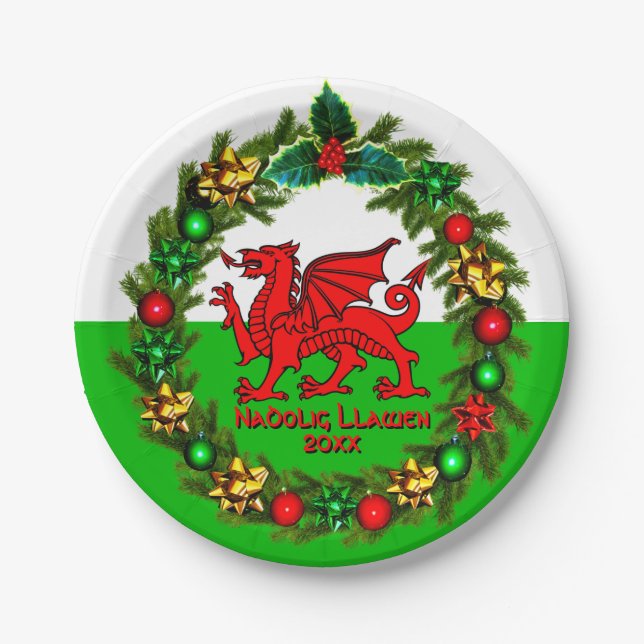 Edit Text Year Welsh Flag Red Dragon Christmas 7" Pappteller (Vorderseite)