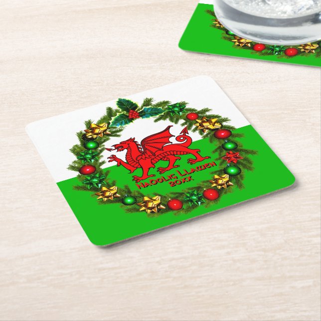 Edit Text Year Welsh Flag Red Dragon Weihnachten Rechteckiger Pappuntersetzer (angewinkelt)