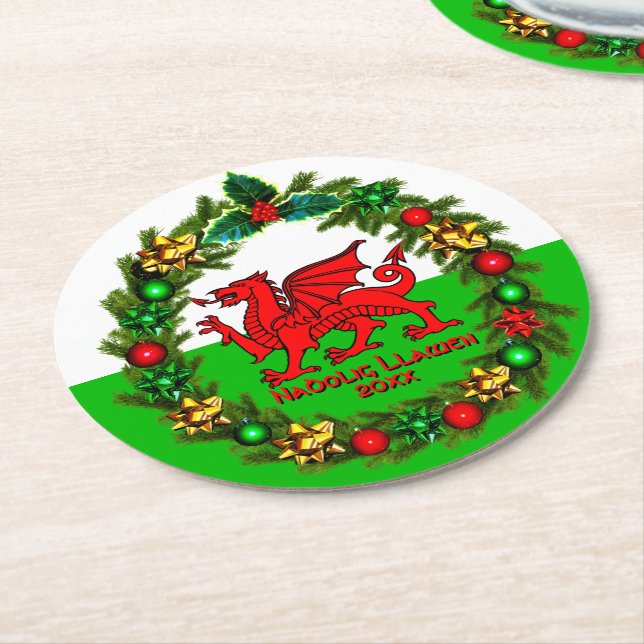 Edit Text Year Welsh Flag Red Dragon Weihnachten Runder Pappuntersetzer (Angewinkelt)