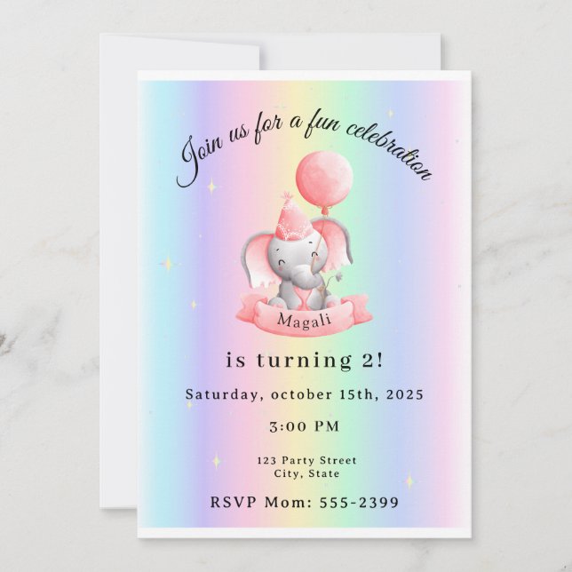 Editable 2nd Birthday Invitation Cute Elephant Einladung (Vorderseite)