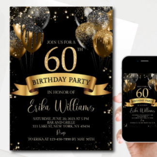Editable 60th Birthday Invitation: Black & Gold Ba Einladung