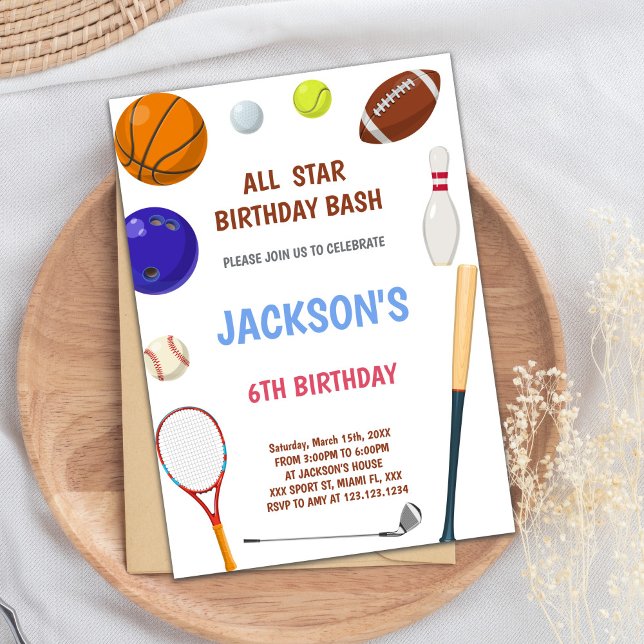 Editable All-Star Boys Athletic Party laden Sie ei Einladung (Blue Sports Birthday Invitations)