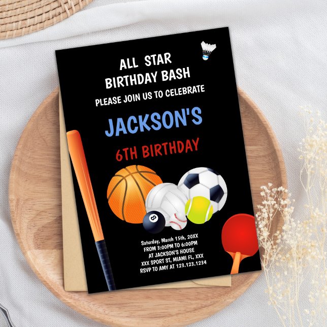 Editable All-Star Boys Athletic Party laden Sie ei Einladung (Blue White Sports Birthday Invitations)