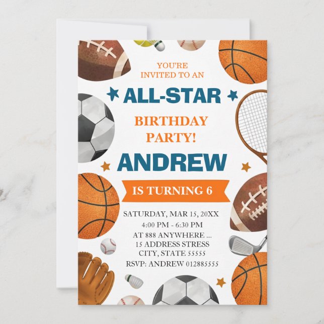 Editable All Star Sports Birthday Invitation Einladung (Vorderseite)