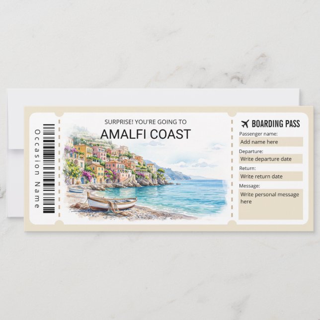Editable Amalfi Coast Trip Boarding Pass Ticket Einladung (Vorderseite)