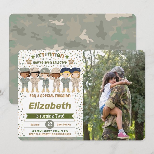 Editable Army Birthday Foto Einladungen (Vorne/Hinten)