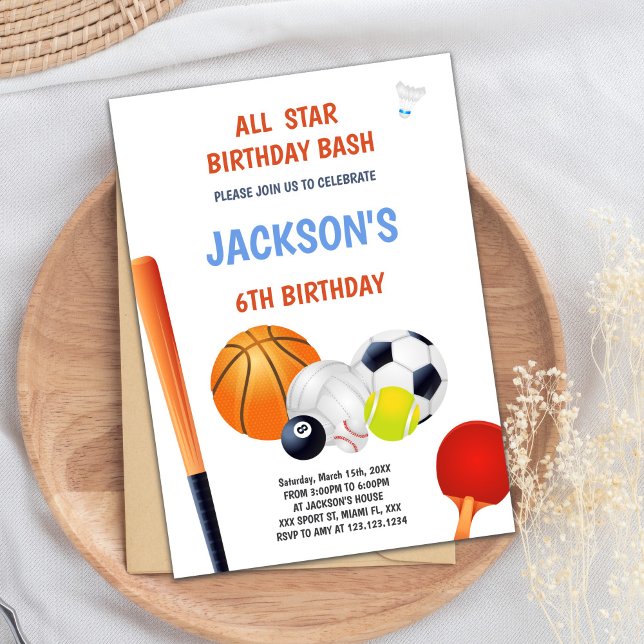 Editable Athletic Party Einladung für Jungen (All Star Sports Birthday Invitations)