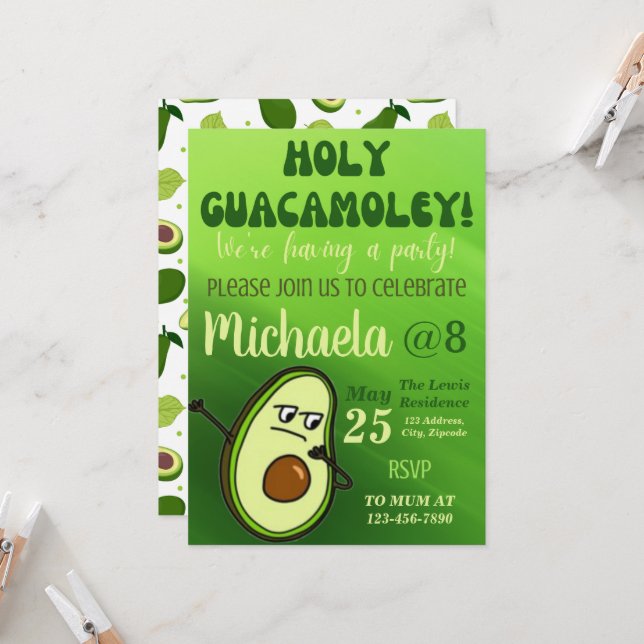Editable Avocado Birthday Einladung (Vorderseite/Rückseite Beispiel)