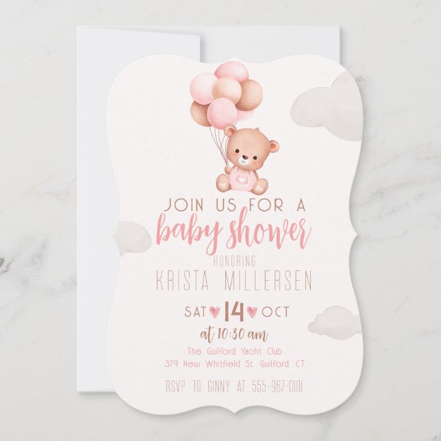 Editable Baby Dusche Einladung Pink & Beige Bär (Vorderseite)
