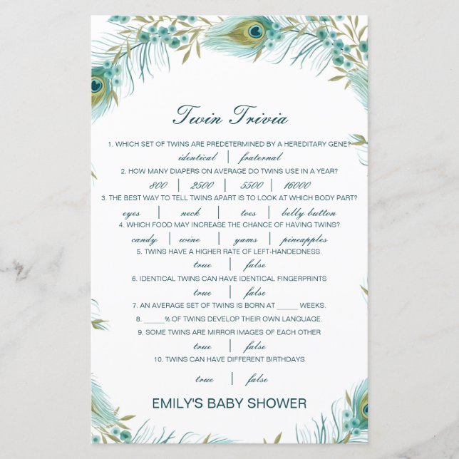Editable Baby Twin Trivia Babydusche mit Antwort (Vorderseite)
