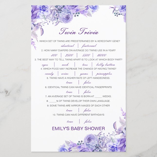 Editable Baby Twin Trivia Babydusche mit Antwort (Vorderseite)