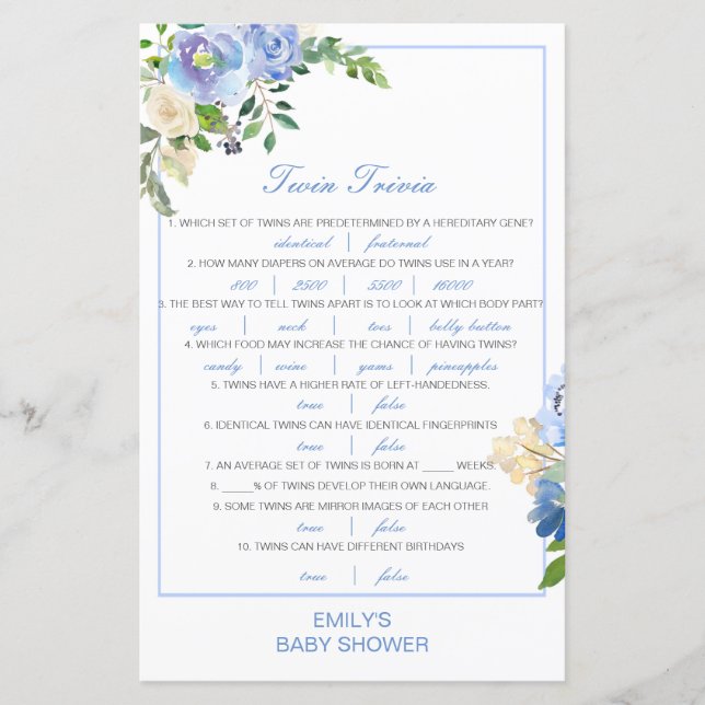 Editable Baby Twin Trivia Babydusche mit Antwort (Vorderseite)