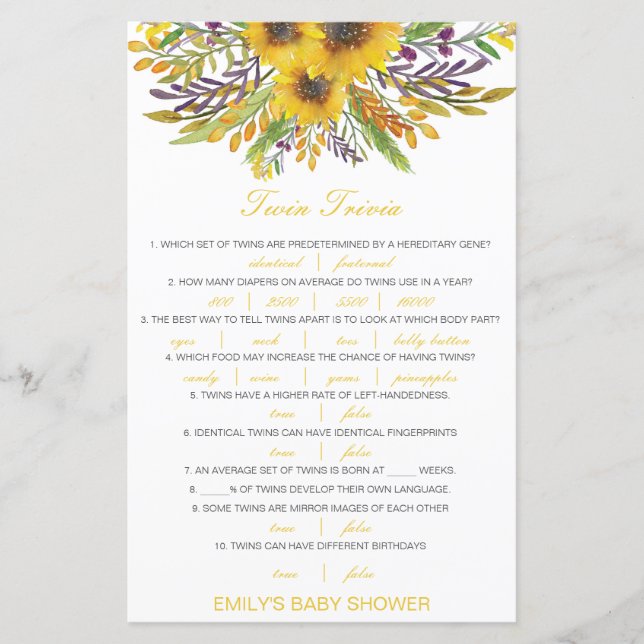 Editable Baby Twin Trivia Babydusche mit Antwort (Vorderseite)