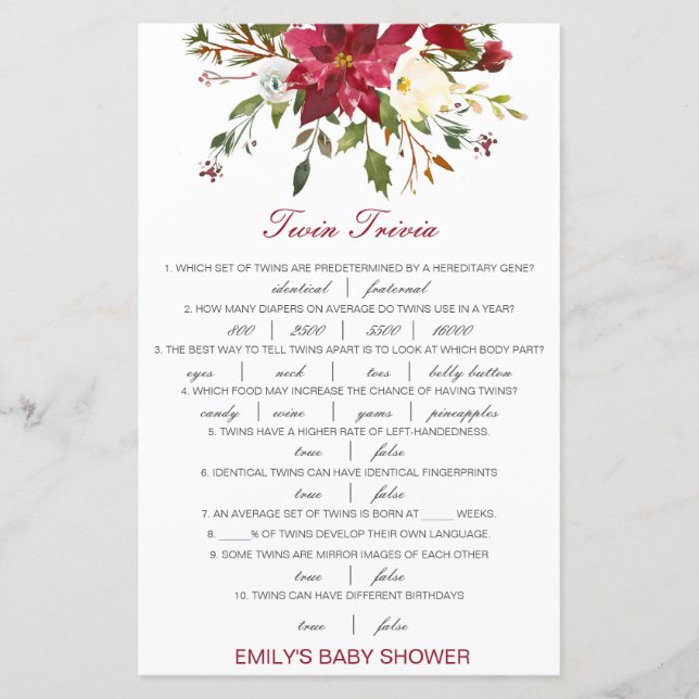 Editable Baby Twin Trivia Babydusche mit Antwort (Vorderseite)