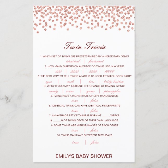 Editable Baby Twin Trivia Babydusche mit Antwort (Vorderseite)
