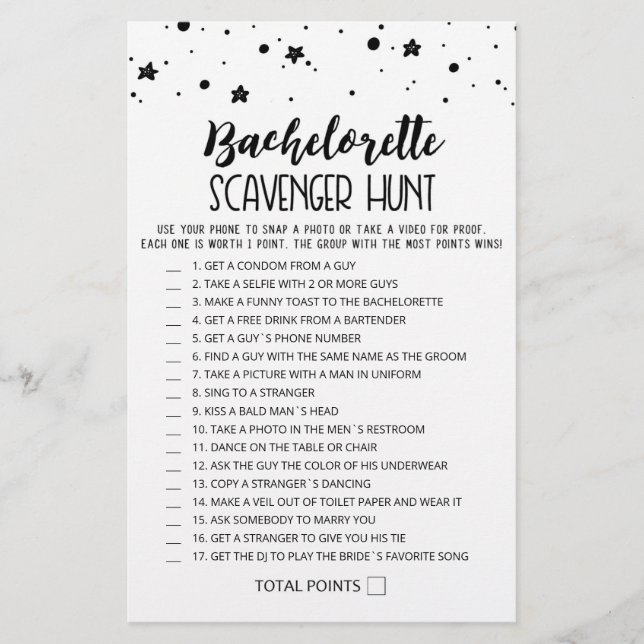 Editable Bachelorette Scavenger Jagdspiel (Vorderseite)