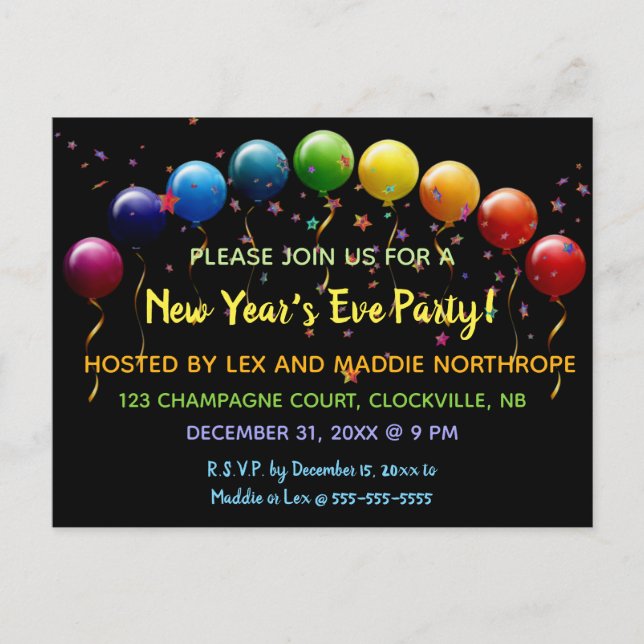 Editable Balloons Stars Confetti Neujahr Einladungspostkarte (Vorderseite)