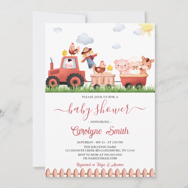 Editable Barnyard Farm Animals Baby Dusche Einladung (Vorderseite)