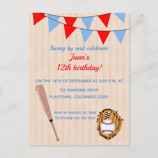 Editable Baseball Softball Geburtstag Einladungspostkarte (Vorderseite)