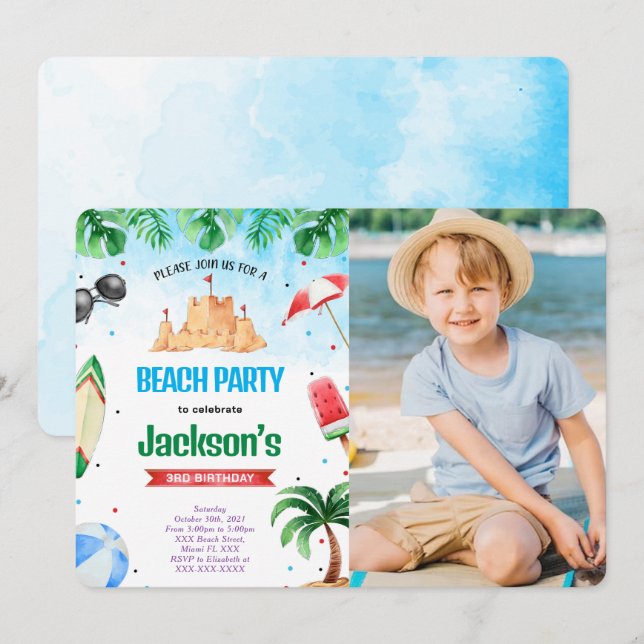 Editable Beach Birthday Foto Einladungen (Vorne/Hinten)