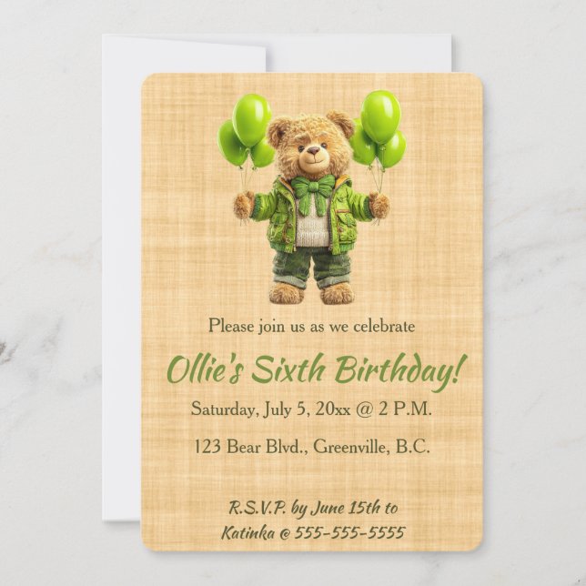 Editable Bear With Green Balloons Birthday Einladung (Vorderseite)