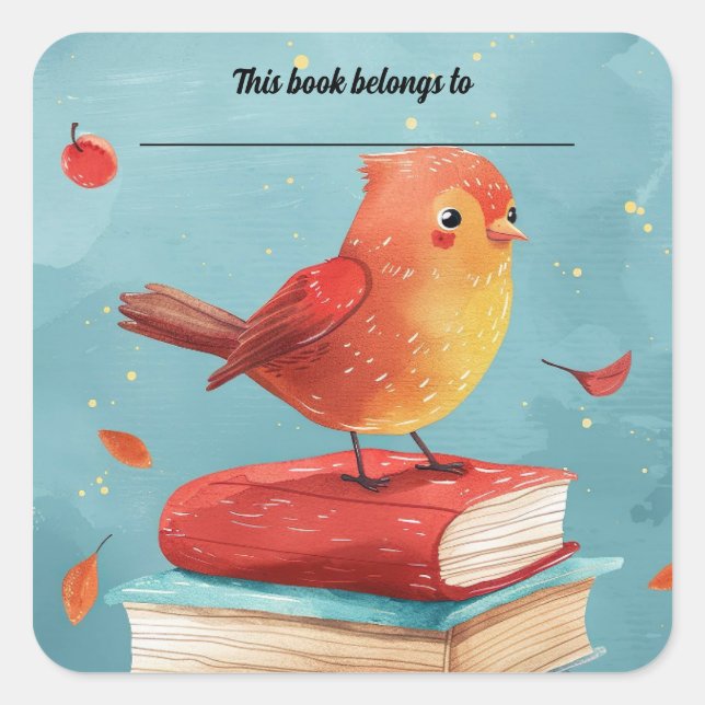 Editable Bird on Books Bookplate Sticker (Devant)