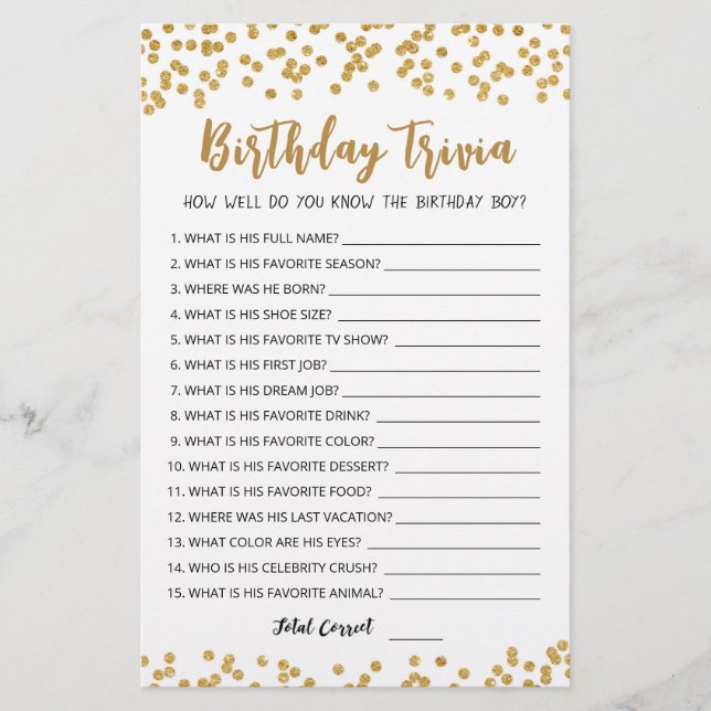 Editable Birthday trivia Birthday party game (Vorderseite)