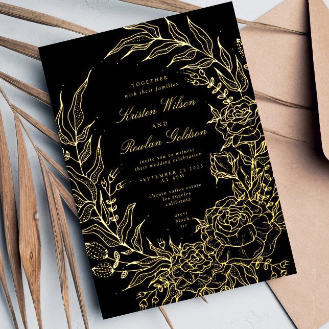 Editable Black Blume GOLD Wreath Wedding Folieneinladung (Von Creator hochgeladen)