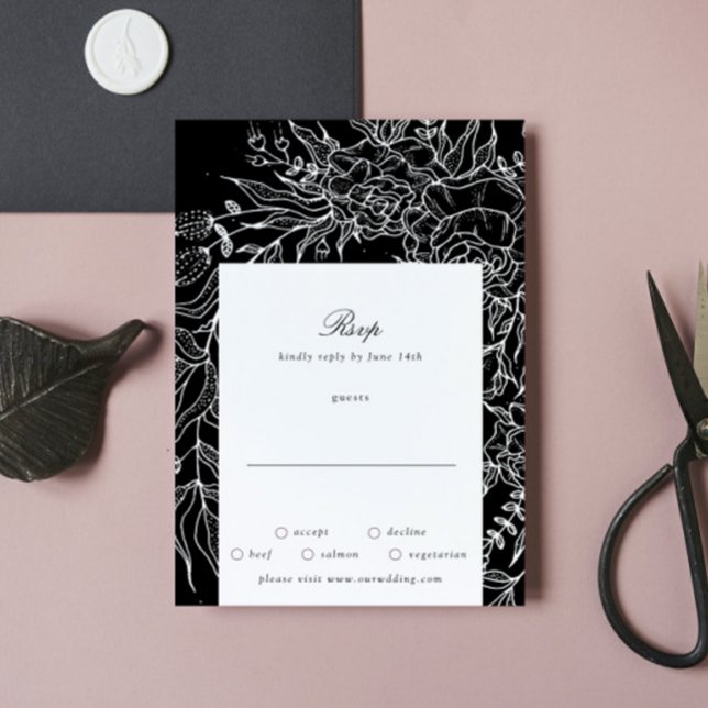 Editable Black Blume White Wreath Wedding RSVP Karte (Von Creator hochgeladen)