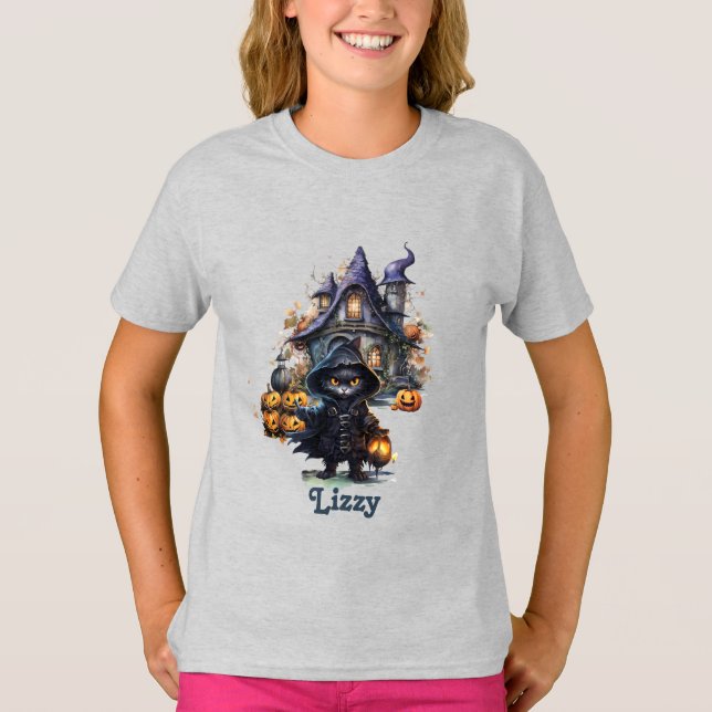 Editable Black Cat Hexe Pumpkin Jugend Halloween T-Shirt (Vorderseite)