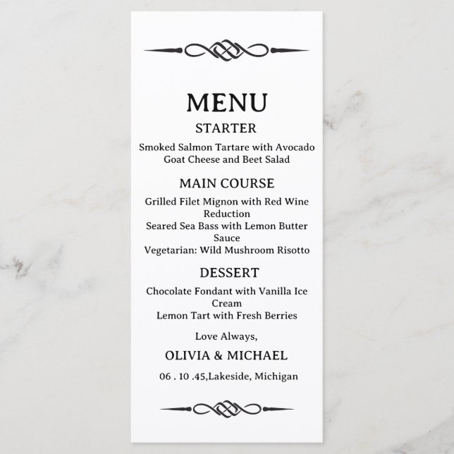 Editable Black & White Celtic Knot Arrow Wedding Menükarte (Vorderseite)