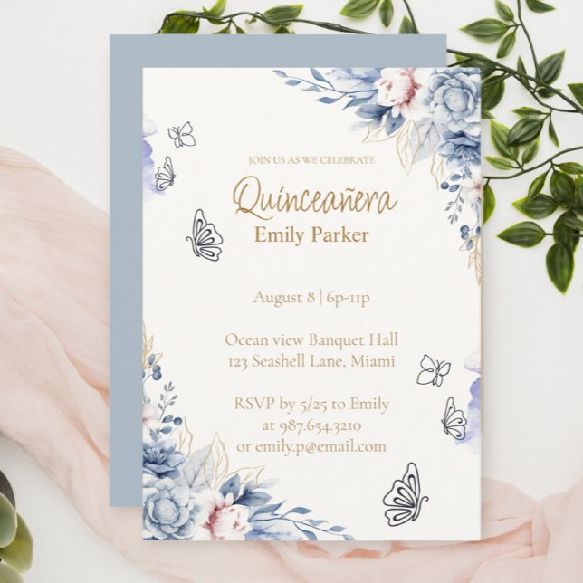 Editable Blue and Gold Quinceañera Invitation (Créateur téléchargé)