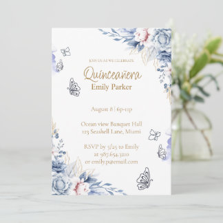 Editable Blue and Gold Quinceañera Invitation Einladung