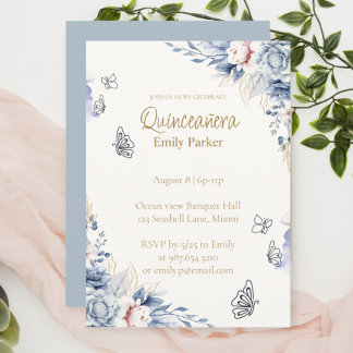Editable Blue and Gold Quinceañera Invitation Einladung