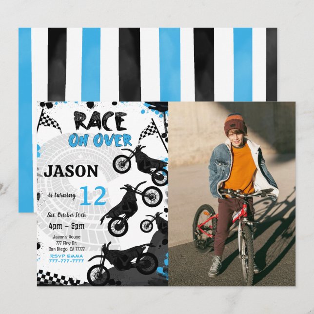 Editable Blue Bike Anniversaire Photo Invitation (Devant / Derrière)