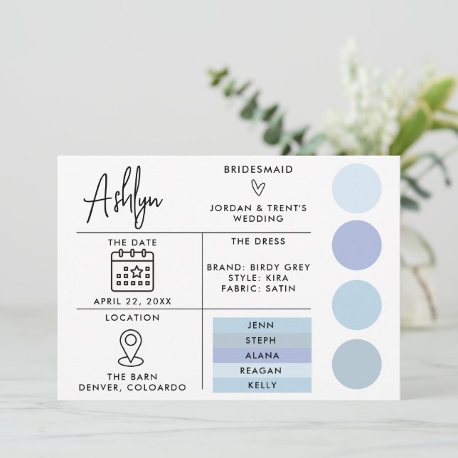 Editable Blue Bridesmaids Info Card für Hochzeit Einladung (Stehend Vorderseite)