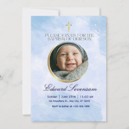 Editable Blue Cloud Baby Boy Baptism  Einladung