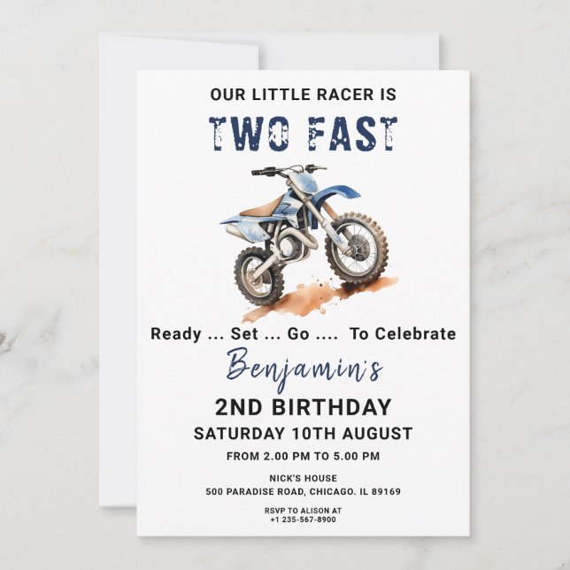 Editable Blue Dirt Bike 2e Anniversaire Invitation (Devant)