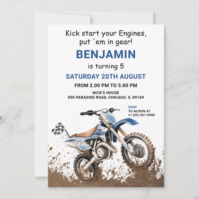 Editable Blue Dirt Bike Einladung Geburtstag (Vorderseite)