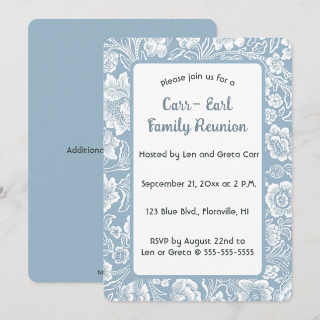 Editable Blue Floral Einladung (Vorne/Hinten)