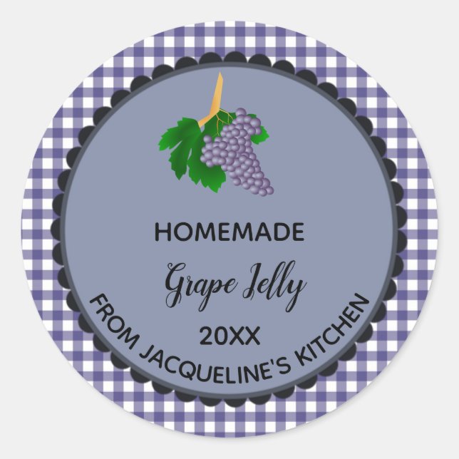 Editable Blue Gingham Grape Jelly Label Stickers (Vorderseite)