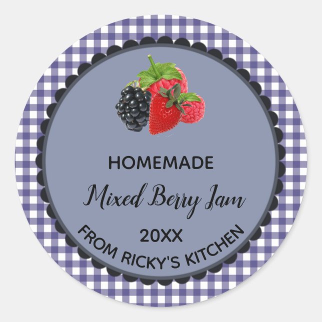 Editable Blue Gingham Mixed Berry Jam Label Sticke Runder Aufkleber (Vorderseite)