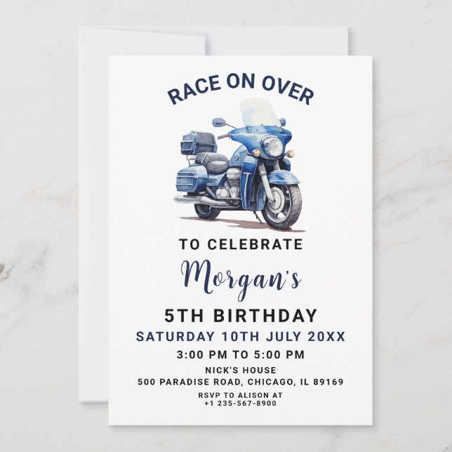 Editable Blue Motorbike Invitation d'anniversaire (Devant)