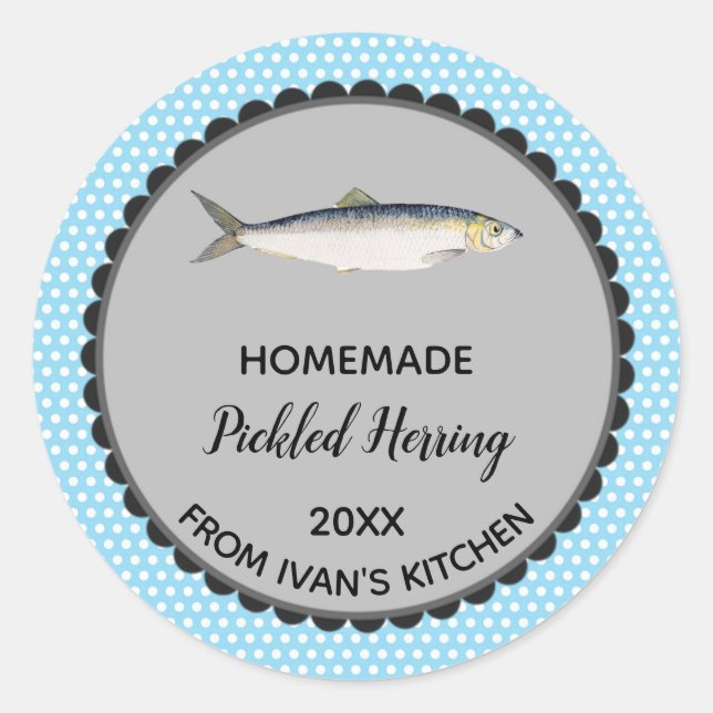 Editable Blue Polka Dot Herring Label Stickers! Runder Aufkleber (Vorderseite)