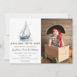 Editable Blue Sailboat Foto Geburtstag Einladung
