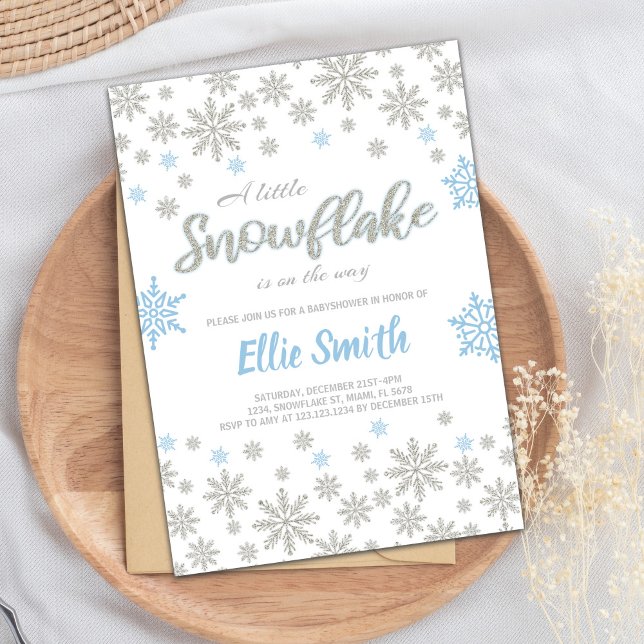 Editable Blue Silver Glitzer Winter Baby Showe Einladung (Blue Silver Glitter Winter Baby Shower Invitations)